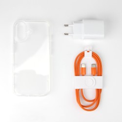 iPhone 17 bundle incl. TPU Cover, 30W USB-C+A Charger and orange nylon cable 1m