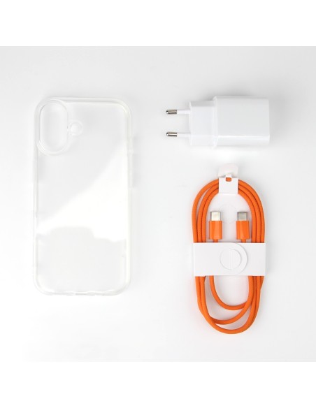 iPhone 17 bundle incl. TPU Cover, 30W USB-C+A Charger and orange nylon cable 1m
