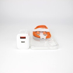 iPhone 17 bundle incl. TPU Cover, 30W USB-C+A Charger and orange nylon cable 1m 2
