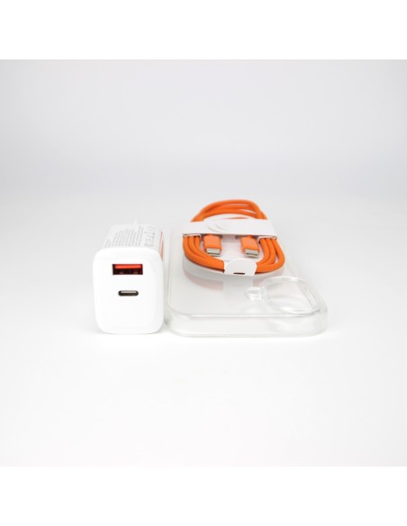 iPhone 17 bundle incl. TPU Cover, 30W USB-C+A Charger and orange nylon cable 1m