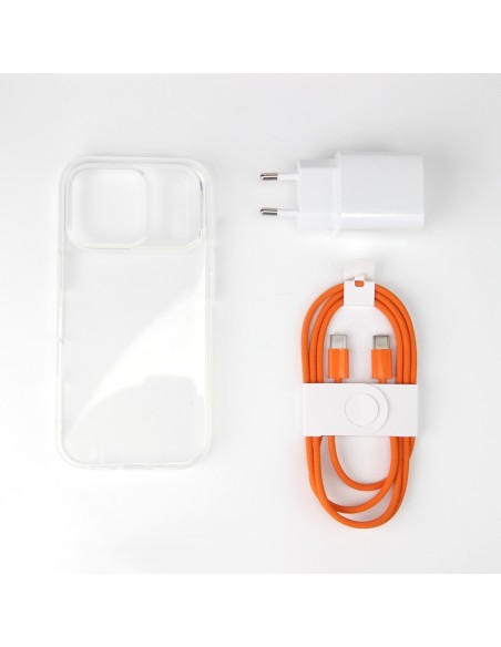iPhone 17 Pro bundle incl. TPU Cover, 30W USB-C+A Charger and Orange nylon cable 1m