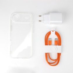 iPhone Air bundle incl. TPU Cover, 30W USB-C+A Charger and orange nylon cable 1m