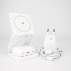 Qi1 White Charger bundle incl. Wireless charging earbuds, 20W charger USB-C+A and 1m cable with USB-C