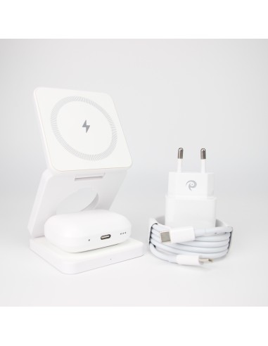 Qi1 White Charger bundle incl. Wireless charging earbuds, 20W charger USB-C+A and 1m cable with USB-C