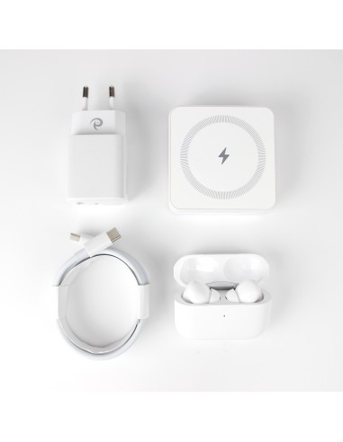 Qi1 White Charger bundle incl. Wireless charging earbuds, 20W charger USB-C+A and 1m cable with USB-C