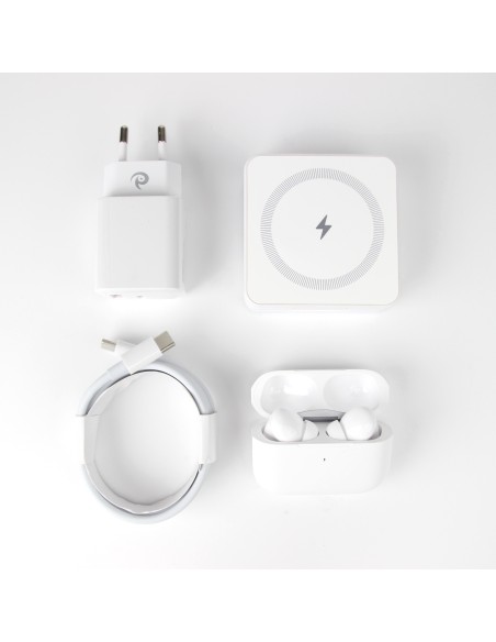 Qi1 White Charger bundle incl. Wireless charging earbuds, 20W charger USB-C+A and 1m cable with USB-C