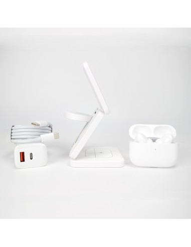 Qi1 White Charger bundle incl. Wireless charging earbuds, 20W charger USB-C+A and 1m cable with USB-C
