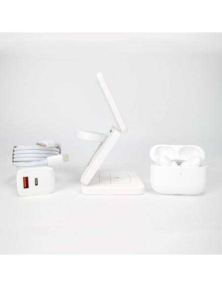 Qi1 White Charger bundle incl. Wireless charging earbuds, 20W charger USB-C+A and 1m cable with USB-C