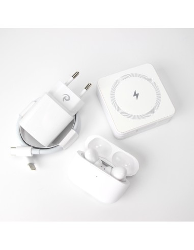 Qi1 White Charger bundle incl. Wireless charging earbuds, 20W charger USB-C+A and 1m cable with USB-C