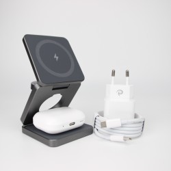 Qi1 Grey Charger bundle incl. Wireless charging earbuds, 20W charger USB-C+A and 1m cable with USB-C