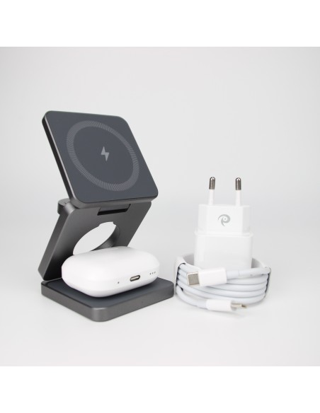 Qi1 Grey Charger bundle incl. Wireless charging earbuds, 20W charger USB-C+A and 1m cable with USB-C