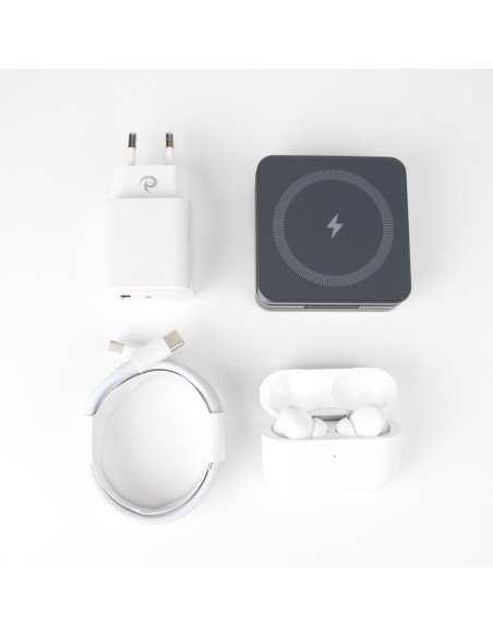 Qi1 Grey Charger bundle incl. Wireless charging earbuds, 20W charger USB-C+A and 1m cable with USB-C