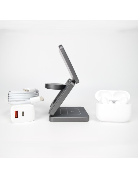 Qi1 Grey Charger bundle incl. Wireless charging earbuds, 20W charger USB-C+A and 1m cable with USB-C