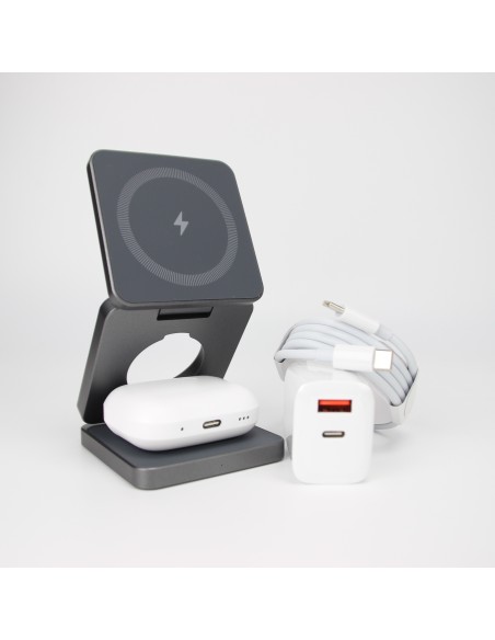 Qi1 Grey Charger bundle incl. Wireless charging earbuds, 20W charger USB-C+A and 1m cable with USB-C