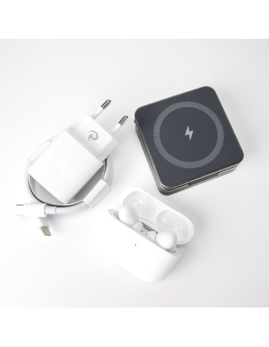 Qi1 Grey Charger bundle incl. Wireless charging earbuds, 20W charger USB-C+A and 1m cable with USB-C