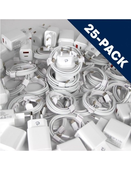 25 x 20W Chargers USB-C & A + 1m Nylon USB-C - USB-C Cable - BULK